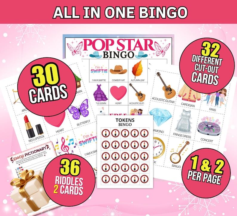 May include: A pink and white bingo game set with the text "ALL IN ONE BINGO" at the top. The set includes 30 cards, 32 cut-out cards, and 36 riddles. The game features a "Pop Star Bingo" theme with various themed images.