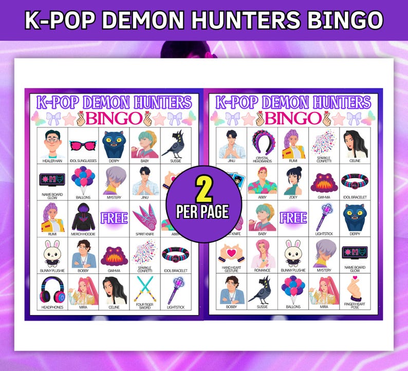 Kpop Demon Hunters Bingo utskrivbart set, 30 kort i animestil, födelsedagsfestspel för musikfans, Kpop fanart, Saja Boys-flickor, direktnedladdning bild 5
