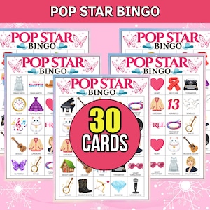 May include: Pop Star Bingo game cards with a pink and white theme. The cards feature images of hearts, musical instruments, and other pop culture icons. The text "POP STAR BINGO" is displayed at the top of the cards.