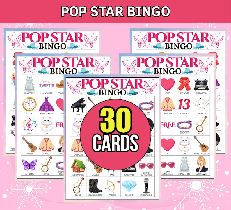 May include: Pop Star Bingo game cards with a pink and white theme. The cards feature images of hearts, musical instruments, and other pop culture icons. The text "POP STAR BINGO" is displayed at the top of the cards.