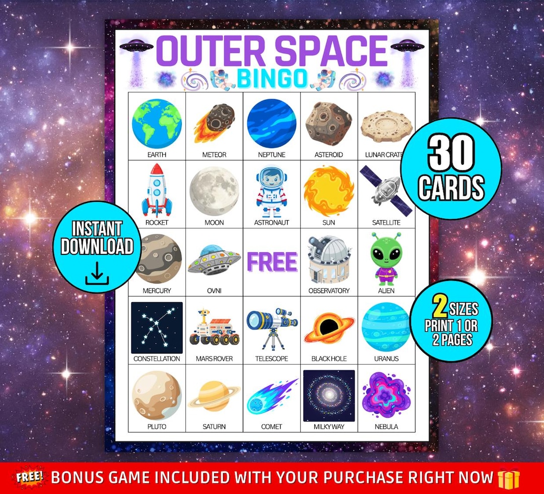 Outer Space Bingo Game for Kids, 40 Unique Solar System Cards, Space ...