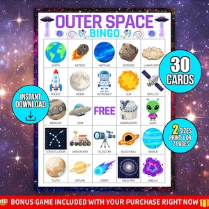 Puede incluir: Una colorida tarjeta de juego de Bingo del Espacio Exterior con ilustraciones de planetas, cohetes y extraterrestres. La tarjeta incluye el texto "Outer Space Bingo", "30 cartas" y "Descarga instantánea".