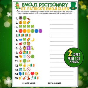 Może przedstawiać: Gra w piktogramy emoji z okazji Dnia Świętego Patryka z podpowiedziami emoji. Gra zawiera zielony kapelusz, skrzata i koniczynę. Gra jest dostępna w dwóch rozmiarach, wydrukuj jedną lub dwie strony.