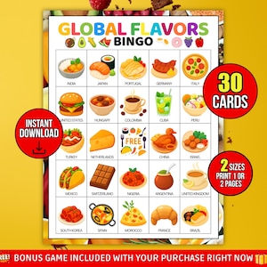 Puede incluir: Un colorido juego de bingo titulado "GLOBAL FLAVORS BINGO" con ilustraciones de varios platos internacionales. El juego incluye 30 cartas y ofrece dos tamaños de impresión. Un círculo rojo indica "INSTANT DOWNLOAD".