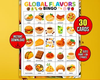 World Countries Food Bingo Printable Game, 30 International Cuisine Bingo Cards, Fun Classroom Geography Activity For Kids, Instant Download