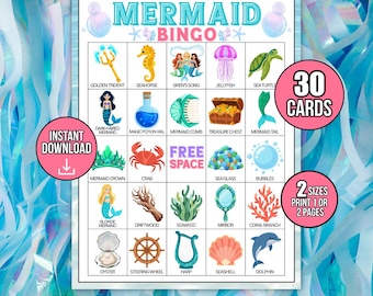 Mermaid Bingo Game for Kids, 30 Unique Cards, Under the Sea Birthday Party Activity, Magical Mermaid Theme, Classroom Game, Digital Download