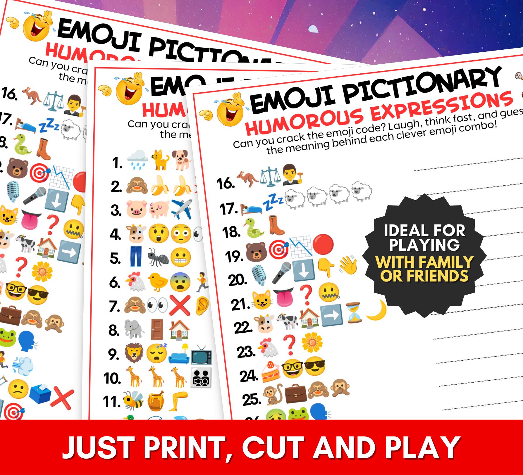 Humorous Activity Sheet Humorous Phrases Emoji Pictionary Printable Game, 30 Funny Expressions ...