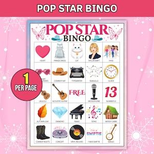 May include: A Pop Star Bingo game board with various illustrations, including a heart, cat, cowboy hat, and a vinyl record. The text "POP STAR BINGO" is at the top. A pink circle with the text "1 PER PAGE" is in the lower left corner.