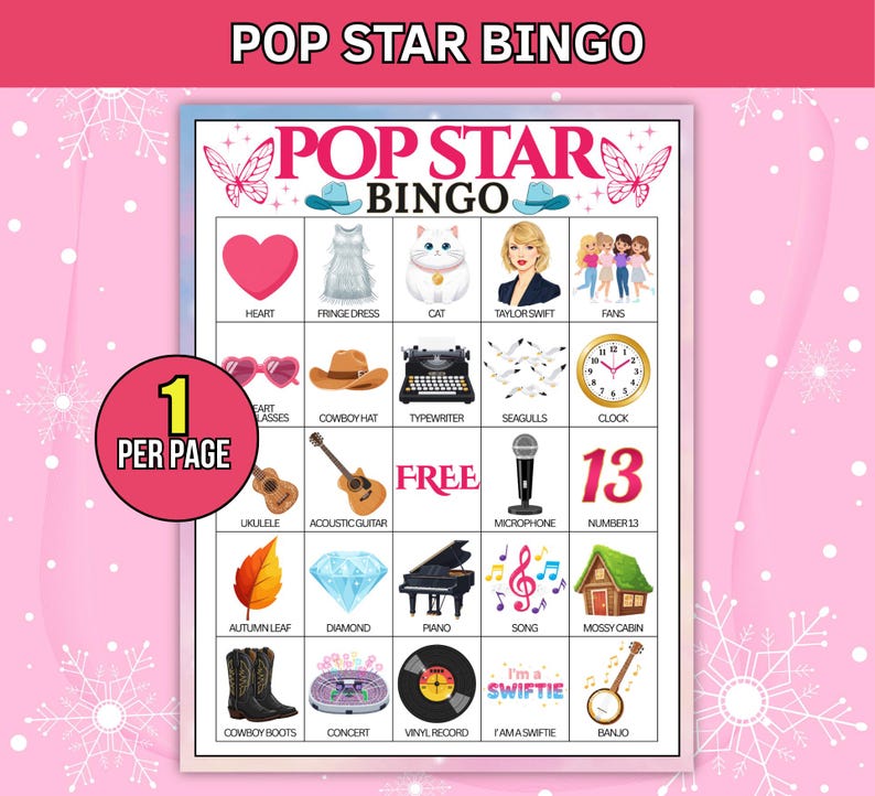 May include: A Pop Star Bingo game board with various illustrations, including a heart, cat, cowboy hat, and a vinyl record. The text "POP STAR BINGO" is at the top. A pink circle with the text "1 PER PAGE" is in the lower left corner.