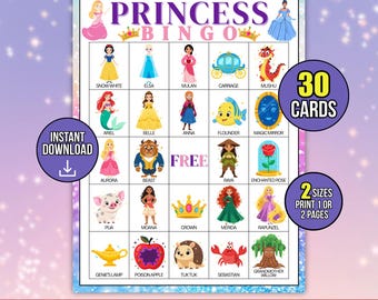 Magical Kingdom Princess Bingo Game, 30 Fairy Tale Party Cards, Royal Birthday Activity for Girls, Kids Game Printable, Instant Download PDF