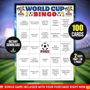 Puede incluir: Una tarjeta de juego Bingo Copa del Mundo 2026 con una cuadrícula de desafíos sobre fútbol. El encabezado muestra el texto World Cup Bingo con gráficos de balones. La casilla central es un espacio libre con un balón. Incluye 100 tarjetas, 2 tamaños.