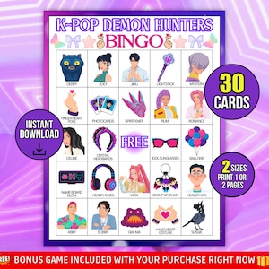 May include: A K-Pop Demon Hunters Bingo game with a purple and white background. The bingo card features illustrations of characters and items, with text such as "30 Cards" and "2 Sizes". Includes the text "Instant Download".