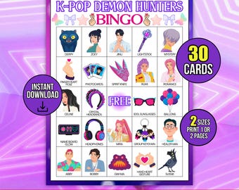 Kpop Demon Hunters Printable Bingo Game, Huntrix Girls Anime Themed Party Activity for Kids Teens Birthday & Classroom, Instant Download PDF