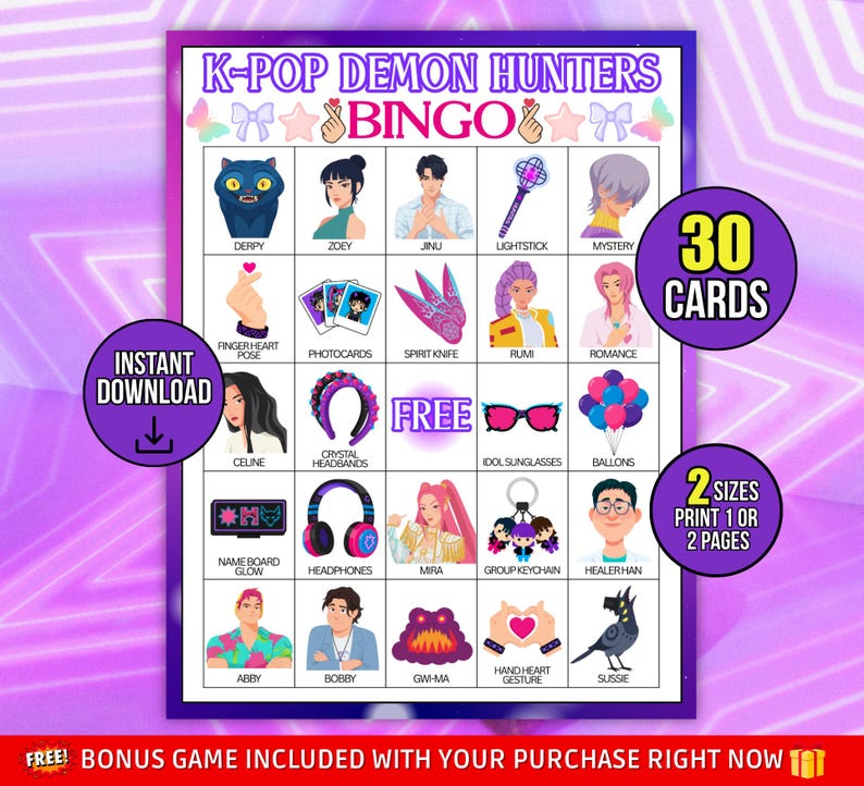 Kpop Demon Hunters Bingo utskrivbart set, 30 kort i animestil, födelsedagsfestspel för musikfans, Kpop fanart, Saja Boys-flickor, direktnedladdning bild 1