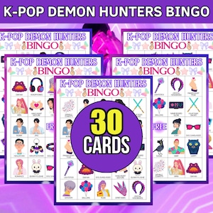 Kpop Demon Hunters Bingo utskrivbart set, 30 kort i animestil, födelsedagsfestspel för musikfans, Kpop fanart, Saja Boys-flickor, direktnedladdning bild 3