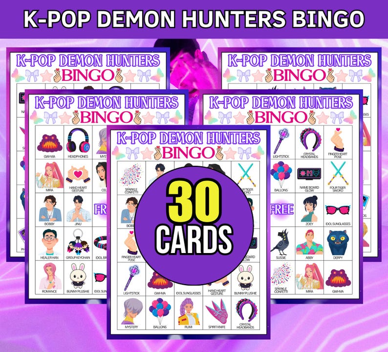 Kpop Demon Hunters Bingo utskrivbart set, 30 kort i animestil, födelsedagsfestspel för musikfans, Kpop fanart, Saja Boys-flickor, direktnedladdning bild 3
