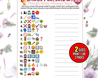 Mom Says Emoji Game, Guess the Mom Says Emoji Phrases, Funny Printable Emoji Game for Kids and Adults, Family Party Game, Instant Download