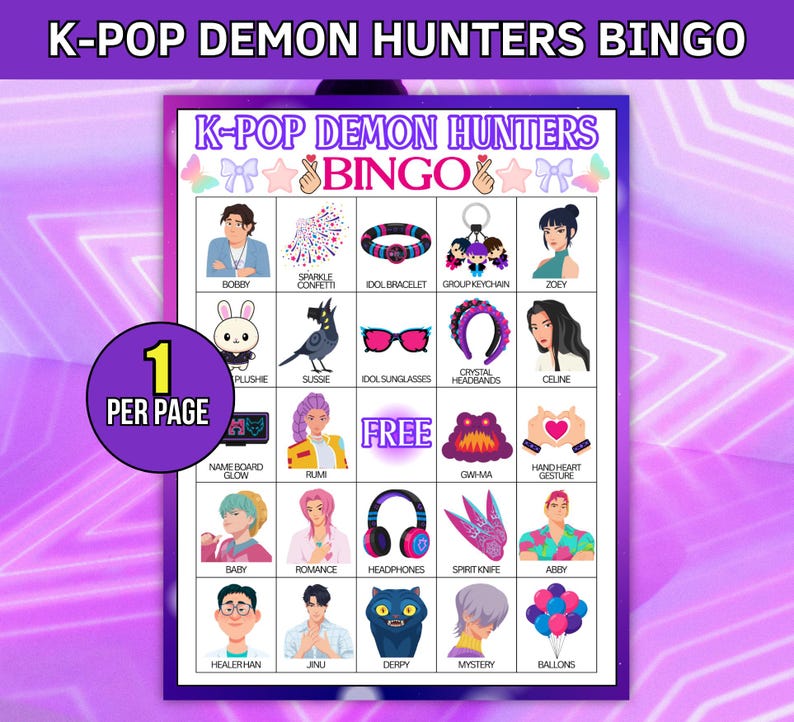 Kpop Demon Hunters Bingo utskrivbart set, 30 kort i animestil, födelsedagsfestspel för musikfans, Kpop fanart, Saja Boys-flickor, direktnedladdning bild 4