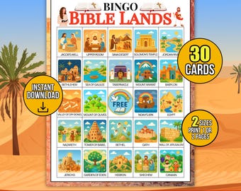 Bible Historical Places Printable Bingo Game, 30 Homeschool Christian Bingo Cards, Fun Learning Activity for Youth Group, Sunday School Game