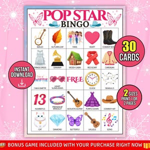 May include: A pink Pop Star Bingo game card with various illustrations, including a banjo, heart, cowboy boots, and a cat. The card includes the text "30 Cards" and "2 Sizes Print 1 or 2 Pages".