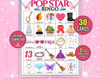 30 Printable Pop Star Bingo Cards, Pop Singer Party Game, Pink Concert Party Activity for Birthday Game for Kids & Family, Instant Download