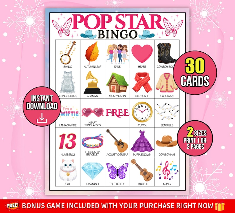 May include: A pink Pop Star Bingo game card with various illustrations, including a banjo, heart, cowboy boots, and a cat. The card includes the text "30 Cards" and "2 Sizes Print 1 or 2 Pages".