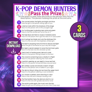 Könnte beinhalten: Ein lila druckbares Spiel mit dem Titel "K-Pop Demon Hunters: Pass the Prize". Das Spiel enthält Anweisungen und 15 Aufforderungen. Eine kreisförmige Grafik lautet "Sofortiger Download". Ein lila Kreis lautet "3 Karten."