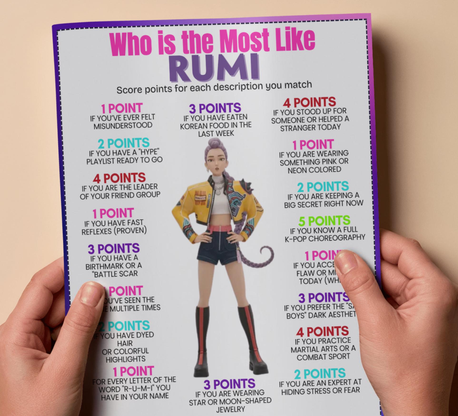 Rumi Kpop Demon Hunters Who is Most Likely to Game Printable, Kpop ...