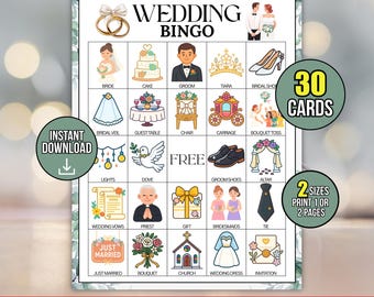30 Wedding Bingo Printable Cards, Bridal Shower Game for Guests, Instant Download Fun Group Activity, Reception Icebreaker Idea for Adults