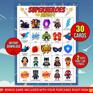 Puede incluir: Juego de bingo de superhéroes con borde azul. El juego presenta ilustraciones de superhéroes y elementos relacionados. Incluye 30 cartas y dos tamaños de impresión. También se ven las palabras "Descarga instantánea" y "Juego de bonificación gratis".