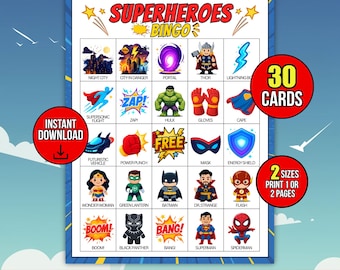 Superhero Bingo Printable Game, 30 Comic Superheroes Bingo Cards, Fun Activity for Kids and Toddler, Classroom Party Game, Instant Download
