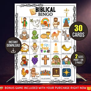 Puede incluir: Un colorido juego de Bingo Bíblico con 30 cartas, con ilustraciones de figuras y símbolos religiosos. Incluye el texto "Biblical Bingo", "Descarga instantánea" y "2 tamaños Imprimir 1 o 2 páginas". Se incluye un juego de bonificación.