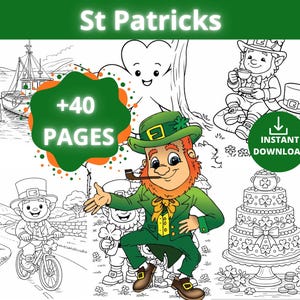 Puede incluir: Una portada de libro para colorear con el tema del Día de San Patricio con el texto "St Patricks" en la parte superior. La portada presenta ilustraciones de duendes, un pastel, un barco y el texto "+40 PAGES" y "INSTANT DOWNLOAD".