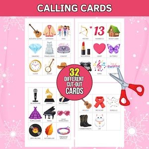 May include: A pink graphic featuring 32 different cut-out cards with various illustrations. The cards include images of a guitar, a clock, a heart, a butterfly, and a pair of scissors. The text "CALLING CARDS" is at the top.
