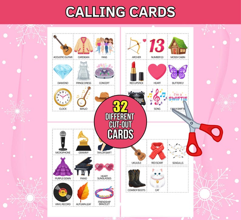 May include: A pink graphic featuring 32 different cut-out cards with various illustrations. The cards include images of a guitar, a clock, a heart, a butterfly, and a pair of scissors. The text "CALLING CARDS" is at the top.