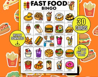 30 Fast Food Bingo Cards Printable, Fun Pizza Party Game for Kids, Yummy Burger Activity, Family Night Ideas, Easy Instant Download