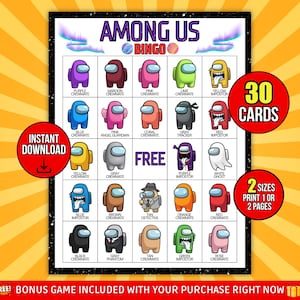 Może przedstawiać: Plansza do gry w bingo Among Us z kolorowymi ilustracjami postaci. Plansza do gry zawiera tekst "Among Us Bingo", "30 kart" i "2 rozmiary Drukuj 1 lub 2 strony". Widoczne jest również czerwone koło ze słowami "Natychmiastowe pobieranie".