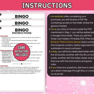 May include: A pink and white digital download image with instructions for a Bingo game. The image includes the word "Instructions" at the top, and details on how to play, game variations, and how to win. The image also includes a section on how to access the game.