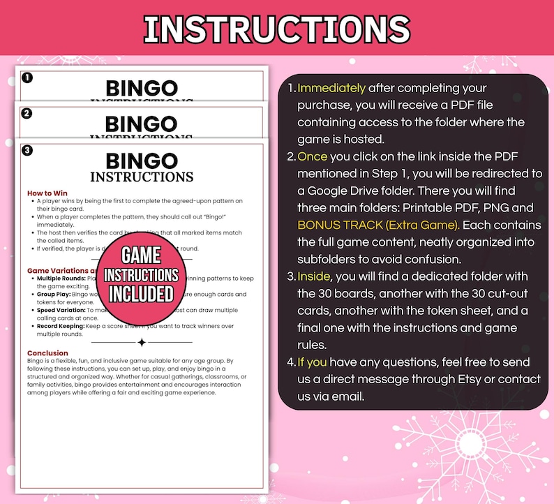May include: A pink and white digital download image with instructions for a Bingo game. The image includes the word "Instructions" at the top, and details on how to play, game variations, and how to win. The image also includes a section on how to access the game.