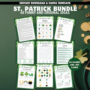 Puede incluir: Un conjunto de juegos y actividades imprimibles con temática del Día de San Patricio. El paquete incluye bingo, búsquedas de palabras, cuestionarios y más. Las tarjetas son verdes con texto e ilustraciones en blanco. El texto dice "St. Patrick Bundle" y "60 Funny and Original Ideas".
