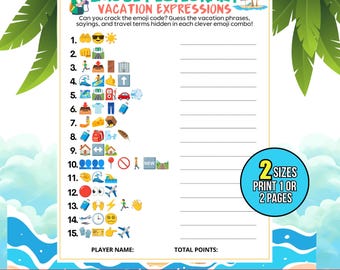 Vacation Emoji Game, Guess the Vacation Emoji Puzzle, Travel Emoji Game, Printable Party Game for Adults & Teens, Fun Holiday Activity