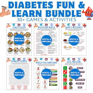 Puede incluir: Un paquete de juegos y actividades digitales e imprimibles para la educación sobre la diabetes. La imagen presenta seis hojas de juego diferentes, incluyendo una búsqueda de palabras, un juego de emparejamiento y un juego de dados, todos con gráficos y texto coloridos. El título dice "Diabetes Fun & Learn Bundle".