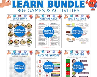 Diabetes Games and Activities Bundle, +30 Fun Printable Games for Diabetics, Educational Interactive Meal Planner, Food List Quiz & Trivia