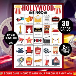 Puede incluir: Una tarjeta de juego de bingo de Hollywood con un borde rojo. La tarjeta presenta varias ilustraciones temáticas de películas, que incluyen palomitas de maíz, rollos de película y un trofeo Oscar. El texto en la tarjeta incluye "Hollywood Bingo", "30 cartas" y "Descarga instantánea."
