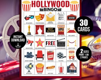 Hollywood Red Carpet Bingo, 30 Unique Movie Night Cards, Cinema Party Activity, Oscar Viewing Party Game, Film Buff Trivia Digital Download