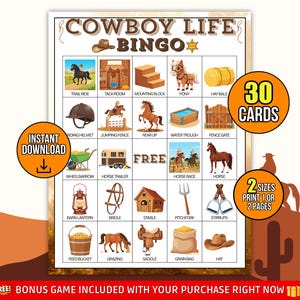 Puede incluir: Una tarjeta de juego de bingo Cowboy Life con ilustraciones de caballos, equipo de vaquero y elementos relacionados. El juego incluye 30 tarjetas y está disponible en 2 tamaños. Las palabras "Cowboy Life Bingo" están en la parte superior.