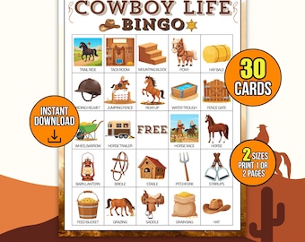 Cowboy Bingo Game, 30 Printable Western Bingo Cards, Cowboy Party Activity, Kids Birthday Game, Wild West Classroom Game, Instant Download