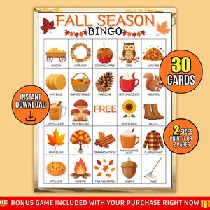 Puede incluir: Un juego de bingo con temática otoñal con ilustraciones de elementos de otoño. El juego incluye 30 cartas y está disponible en dos tamaños. Las palabras "Fall Season Bingo" están en la parte superior. El juego incluye imágenes de calabazas y hojas.