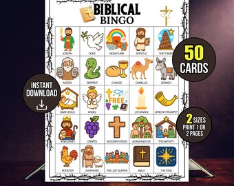 Bible Bingo Printable Game 50, Biblical Bingo Cards Instant Download, Christian Sunday School Activity, Fun Kids Youth Group Bible Study Gam