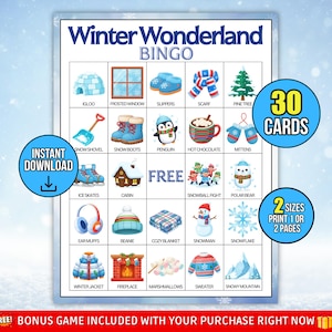 Puede incluir: Un tablero de juego de Bingo de Winter Wonderland con ilustraciones coloridas de elementos temáticos de invierno como un iglú, un muñeco de nieve y mitones. El juego incluye 30 cartas y está disponible en dos tamaños.
